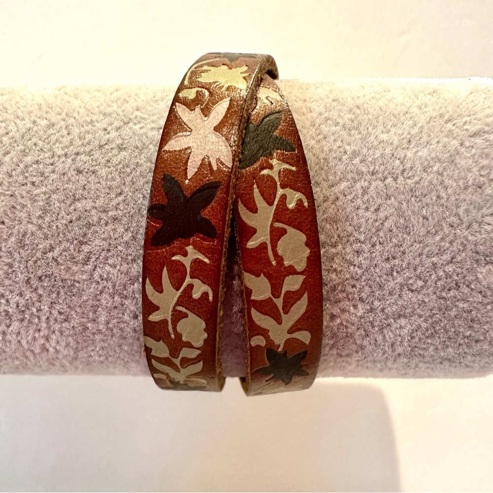 Leather Double Wrap Bracelet- Brown leather w/ multicolor print stamped- genuine